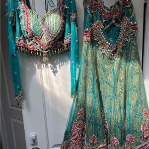 Embellished Teal and Pink Top Lengha